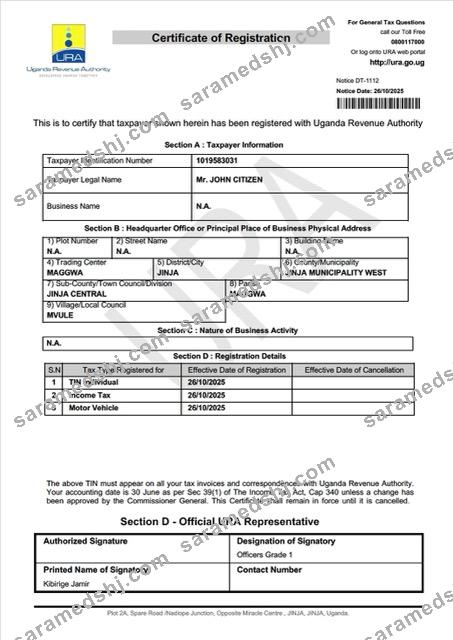 Uganda certificate of taxpayer registration Word and PDF template